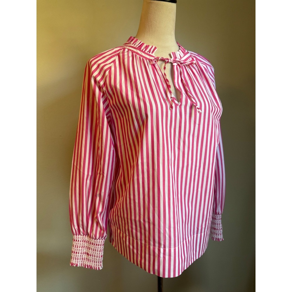 J.Crew Popover Top Stripe Pink White XS Cotton Blouse preppy dainty whimsy resor - Picture 2 of 8